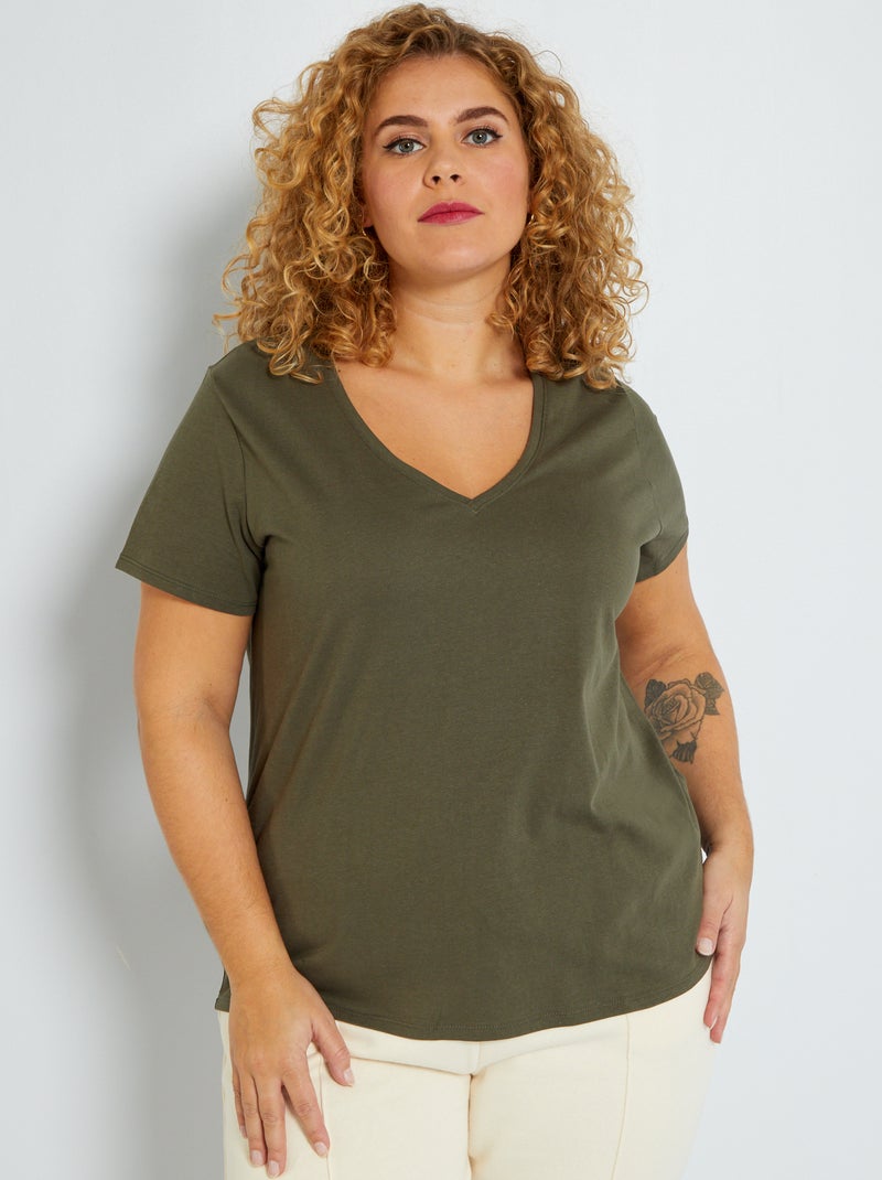 T-shirt van jersey met V-hals KAKI - Kiabi