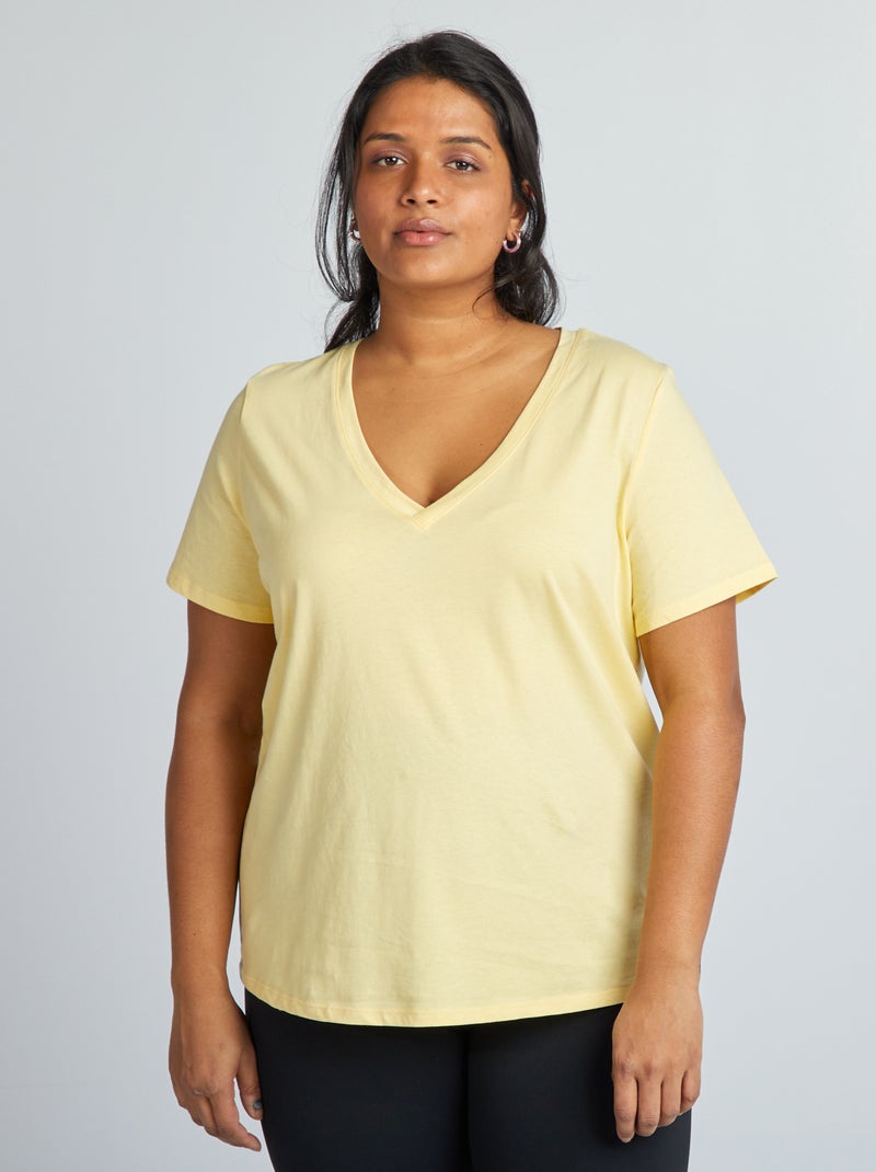 T-shirt van jersey met V-hals lichtgeel - Kiabi