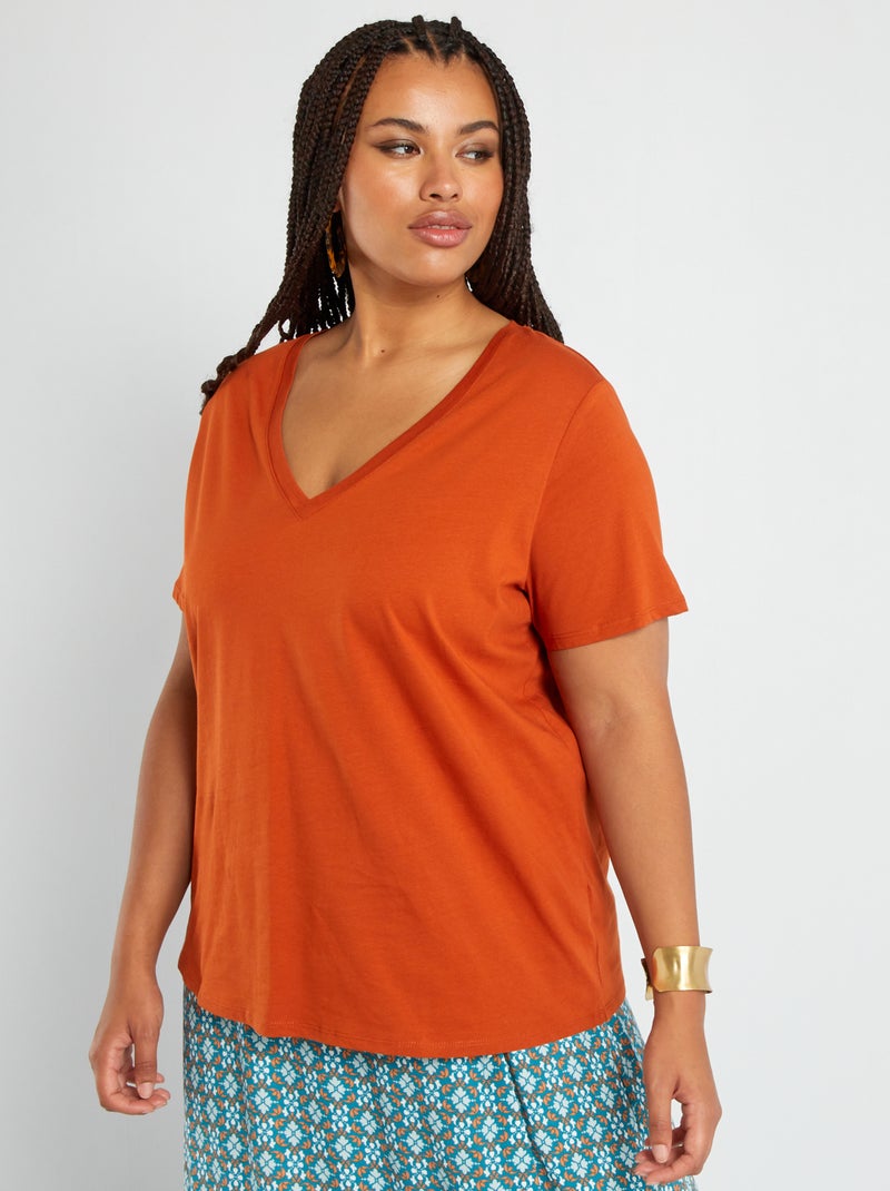 T-shirt van jersey met V-hals ORANJE - Kiabi