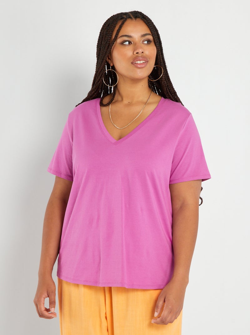 T-shirt van jersey met V-hals PAARS - Kiabi