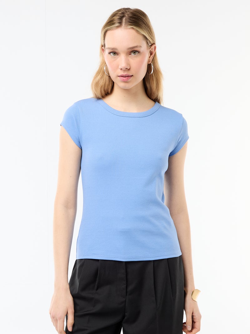 T-shirt van jerseytricot met korte geribde mouwen Blauw - Kiabi
