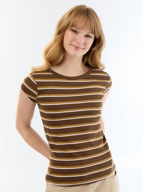 T-shirt van jerseytricot met korte geribde mouwen - Kiabi