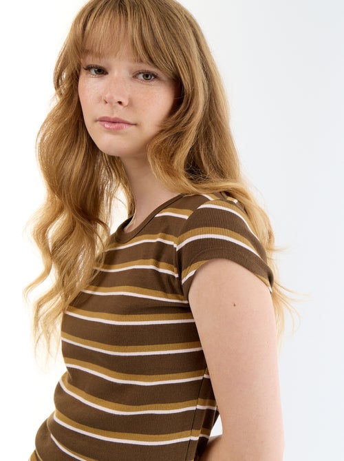 T-shirt van jerseytricot met korte geribde mouwen - Kiabi