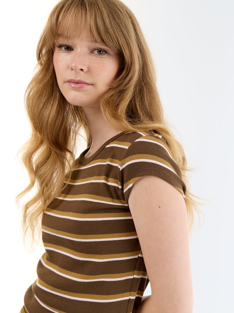 T-shirt van jerseytricot met korte geribde mouwen Bruin - Kiabi