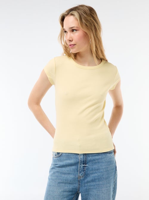 T-shirt van jerseytricot met korte geribde mouwen - Kiabi