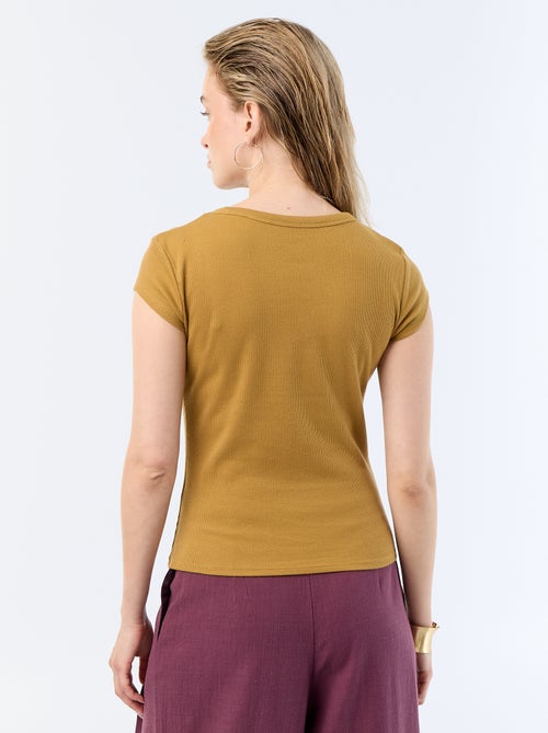 T-shirt van jerseytricot met korte geribde mouwen - Kiabi