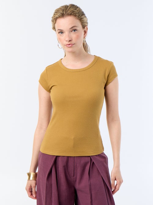 T-shirt van jerseytricot met korte geribde mouwen - Kiabi