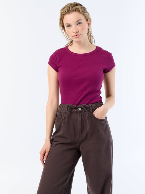 T-shirt van jerseytricot met korte geribde mouwen - Kiabi