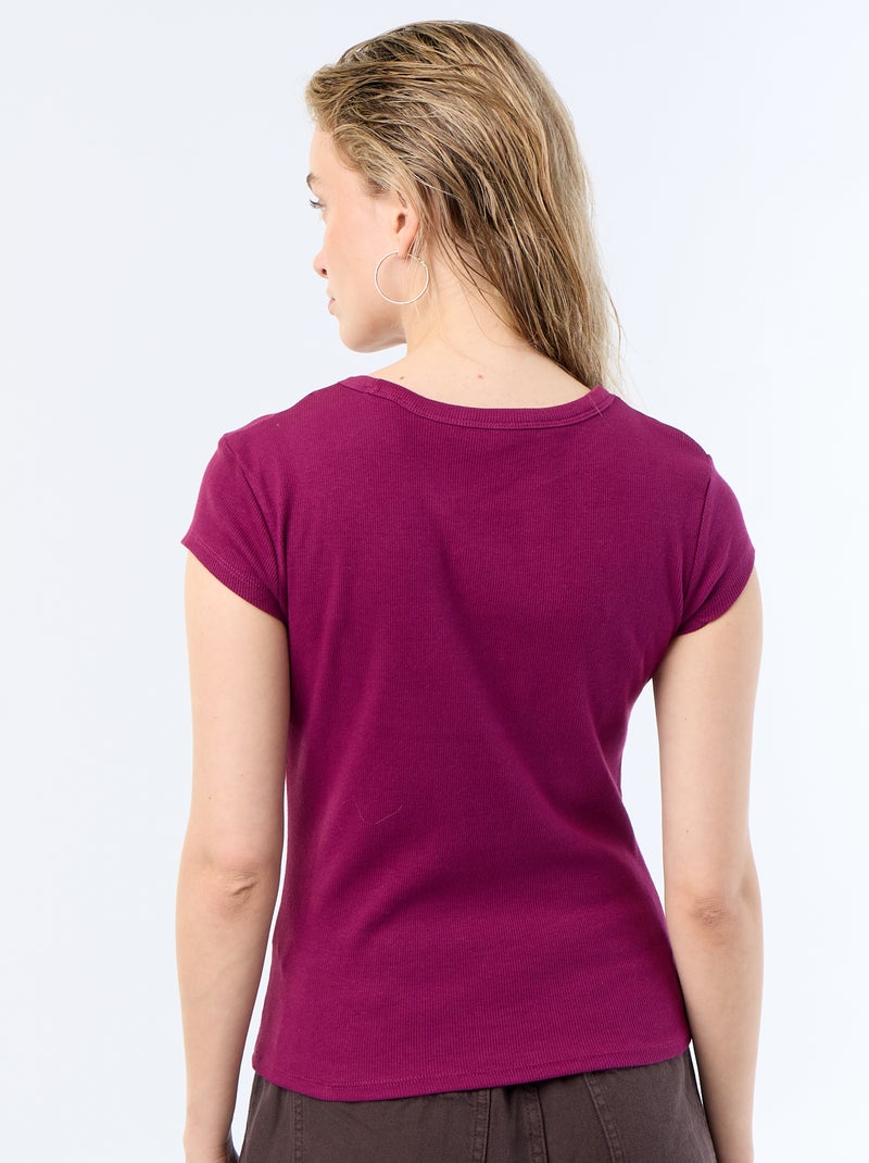 T-shirt van jerseytricot met korte geribde mouwen Paars - Kiabi