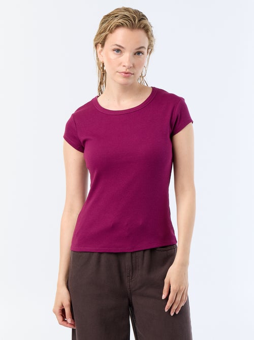 T-shirt van jerseytricot met korte geribde mouwen - Kiabi