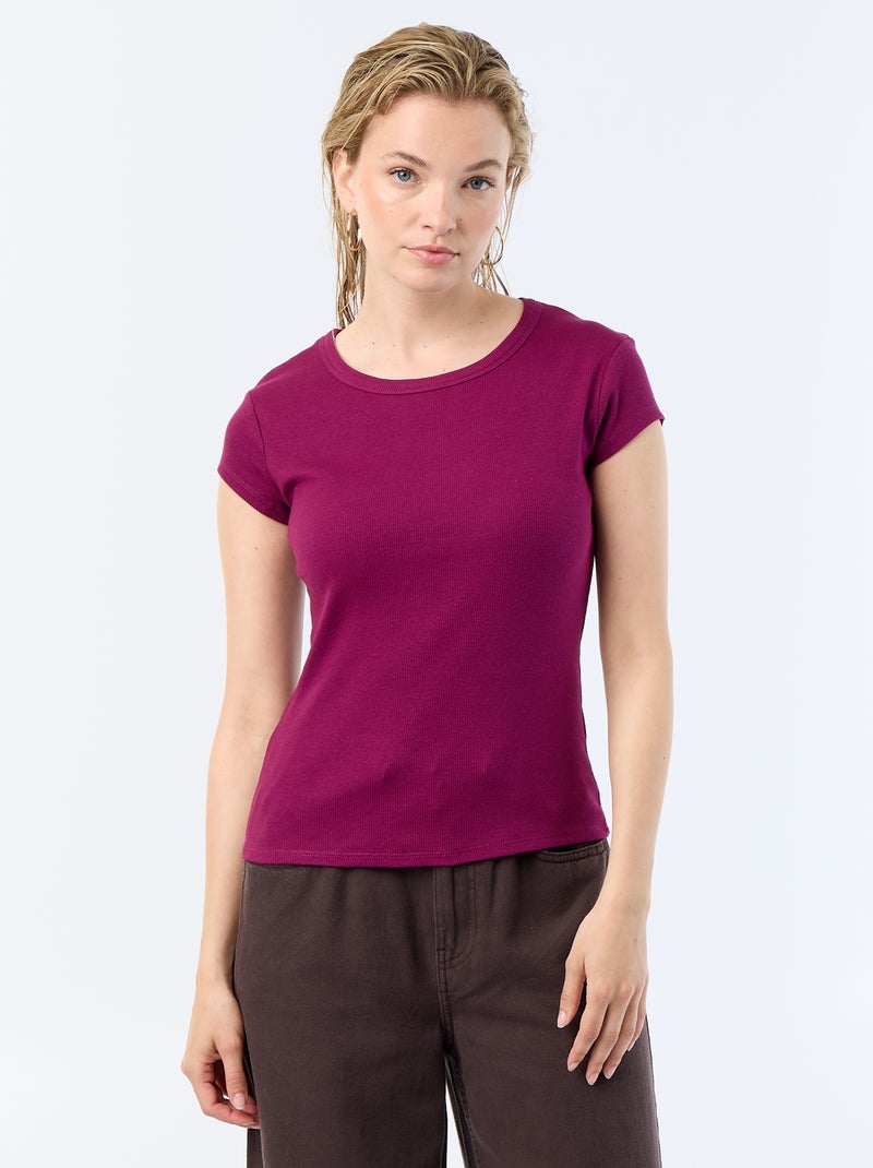 T-shirt van jerseytricot met korte geribde mouwen Paars - Kiabi