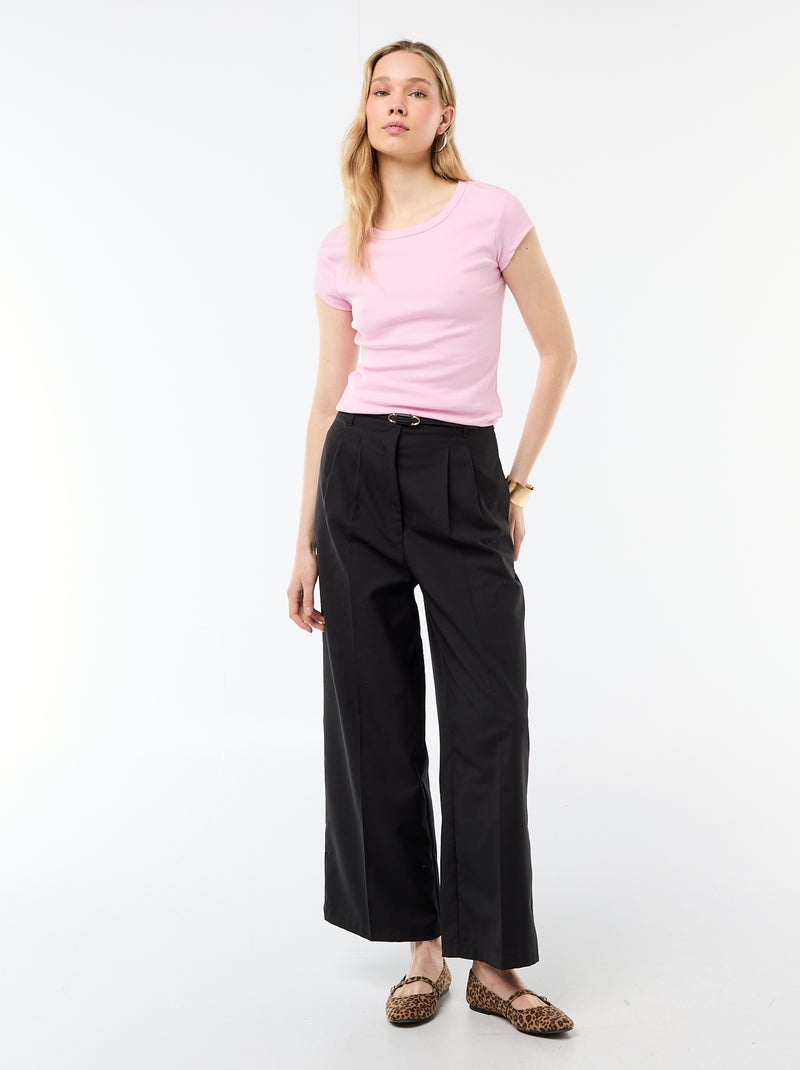 T-shirt van jerseytricot met korte geribde mouwen Rose - Kiabi