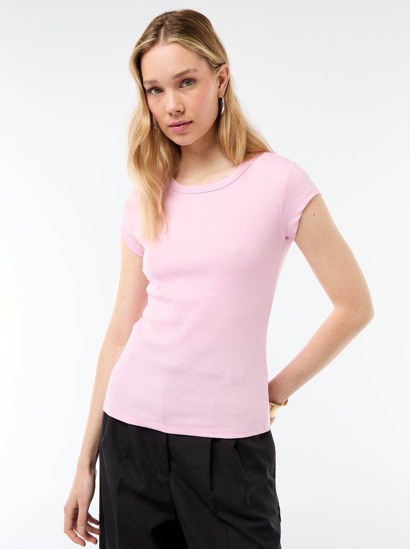 T-shirt van jerseytricot met korte geribde mouwen Rose - Kiabi