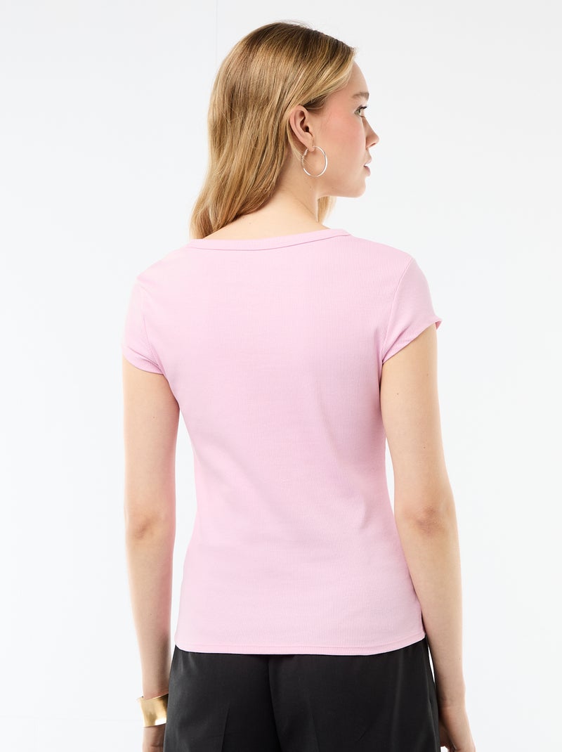 T-shirt van jerseytricot met korte geribde mouwen Rose - Kiabi