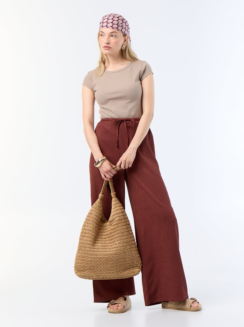 T-shirt van jerseytricot met korte geribde mouwen Taupe - Kiabi