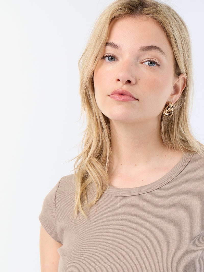 T-shirt van jerseytricot met korte geribde mouwen Taupe - Kiabi