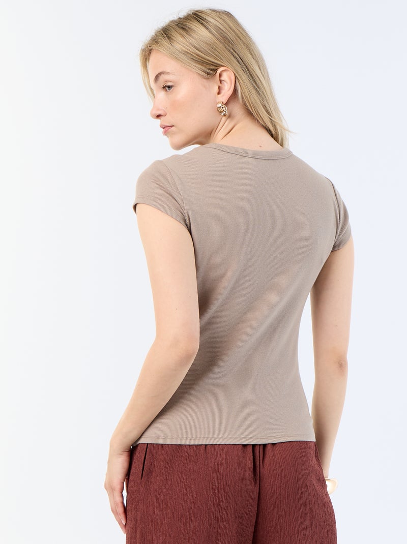 T-shirt van jerseytricot met korte geribde mouwen Taupe - Kiabi