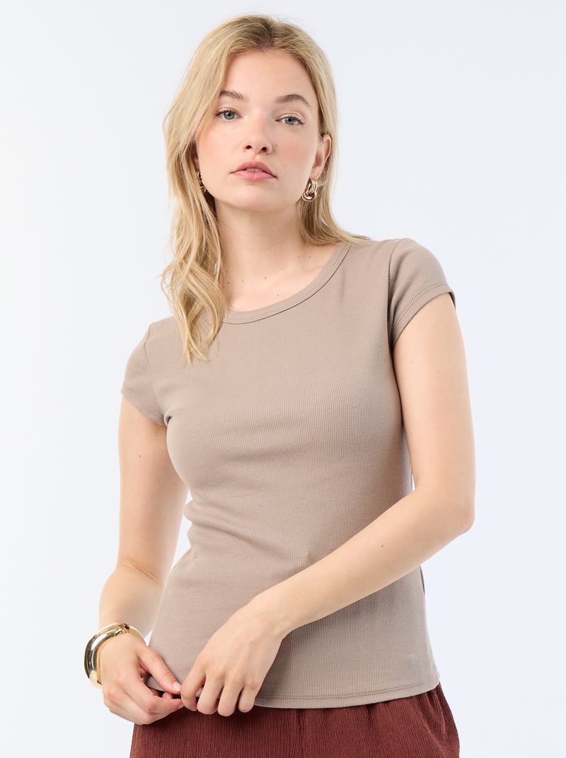 T-shirt van jerseytricot met korte geribde mouwen Taupe - Kiabi