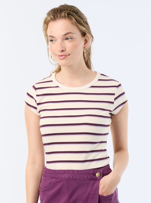 T-shirt van jerseytricot met korte geribde mouwen - Kiabi