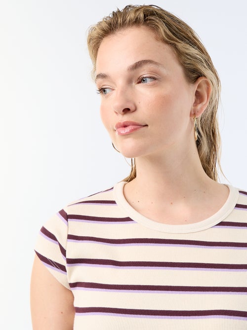 T-shirt van jerseytricot met korte geribde mouwen - Kiabi