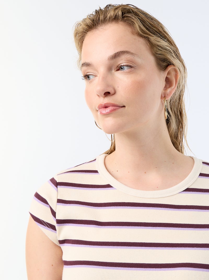 T-shirt van jerseytricot met korte geribde mouwen Wit - Kiabi