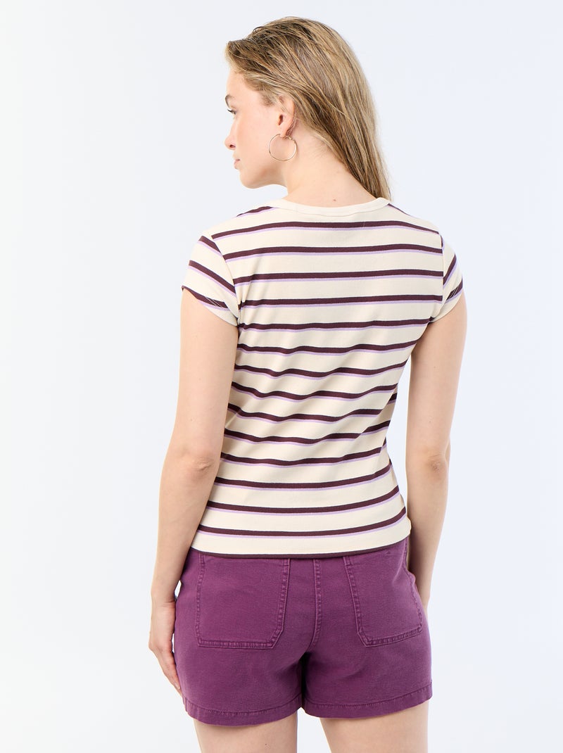 T-shirt van jerseytricot met korte geribde mouwen Wit - Kiabi