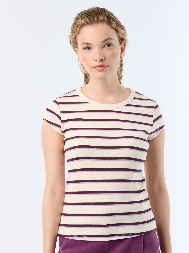 T-shirt van jerseytricot met korte geribde mouwen Wit - Kiabi