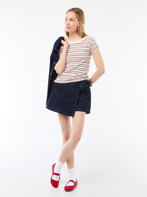 T-shirt van jerseytricot met korte geribde mouwen - Kiabi