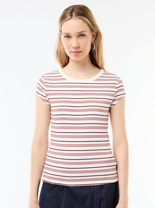 T-shirt van jerseytricot met korte geribde mouwen - Kiabi