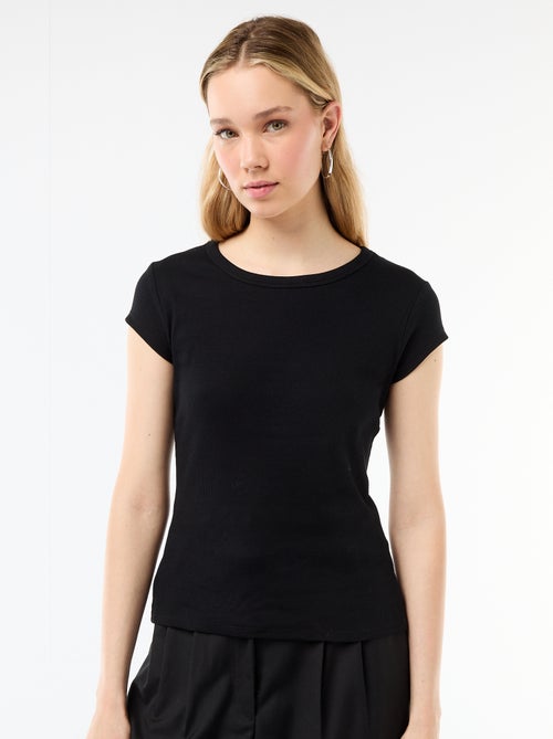 T-shirt van jerseytricot met korte geribde mouwen - Kiabi