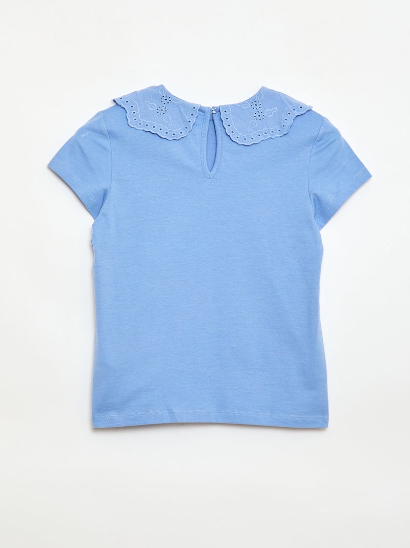 T-shirt van jerseytricot met ronde hals en broderie anglaise Blauw - Kiabi