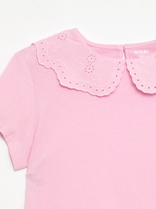 T-shirt van jerseytricot met ronde hals en broderie anglaise - Kiabi