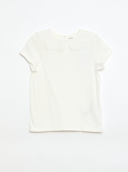 T-shirt van jerseytricot met ronde hals en broderie anglaise - Kiabi