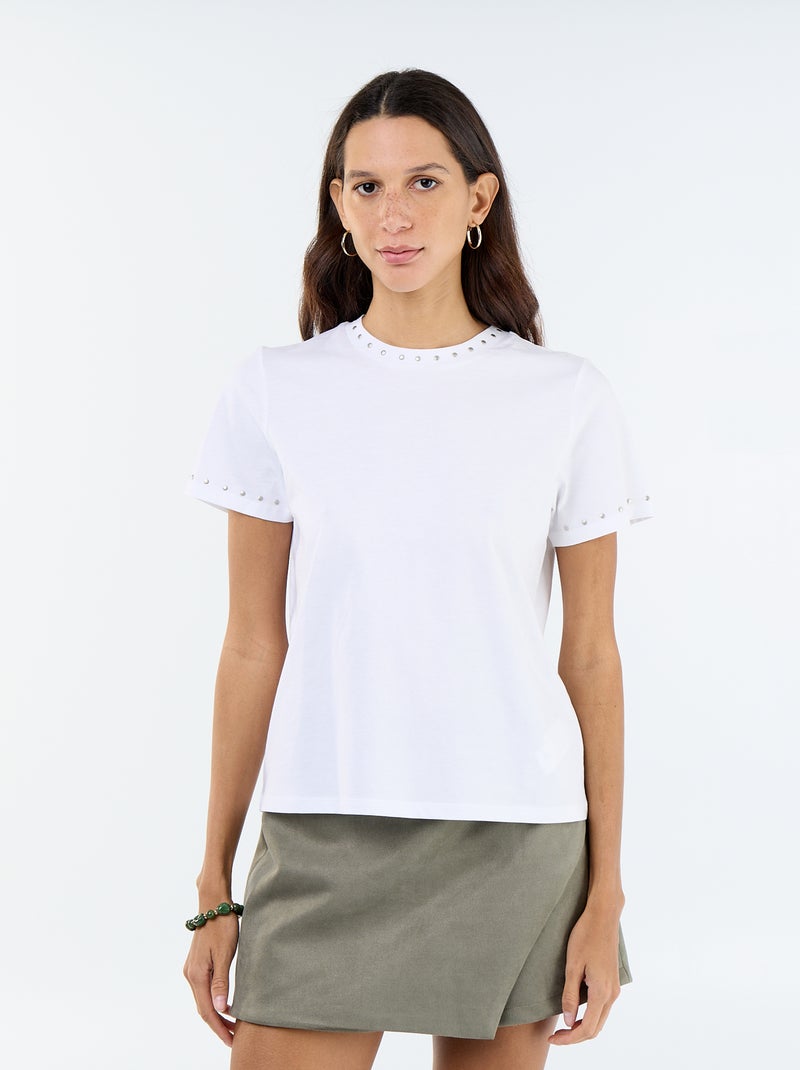 T-shirt van jerseytricot met studs aan de hals en mouwen Wit - Kiabi