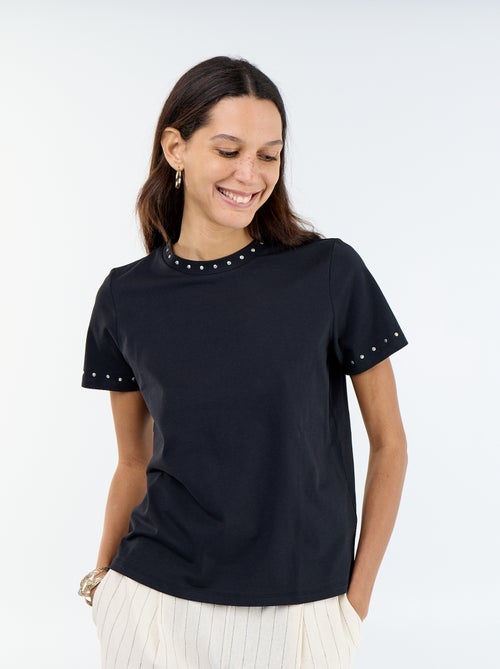 T-shirt van jerseytricot met studs aan de hals en mouwen - Kiabi