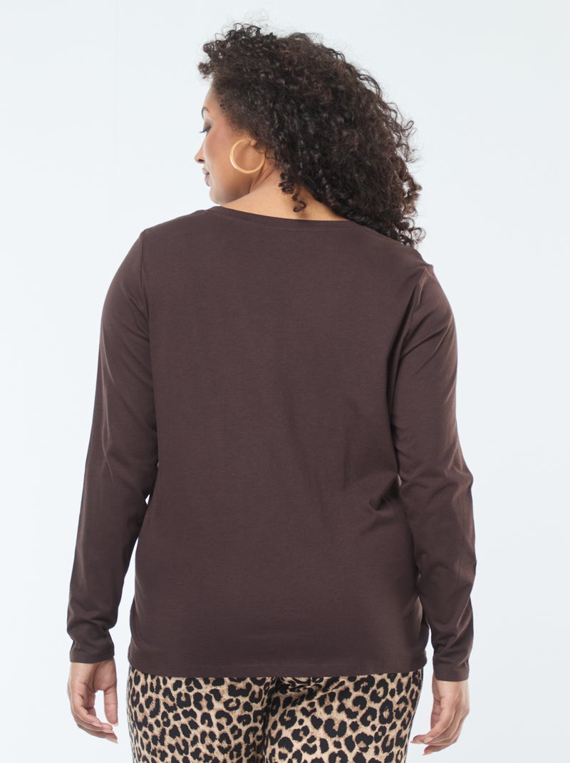T-shirt van jerseytricot met V-hals en lange mouwen bruin - Kiabi