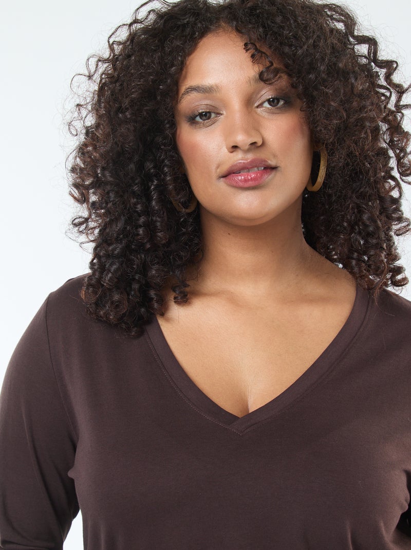 T-shirt van jerseytricot met V-hals en lange mouwen bruin - Kiabi