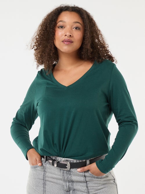 T-shirt van jerseytricot met V-hals en lange mouwen - Kiabi