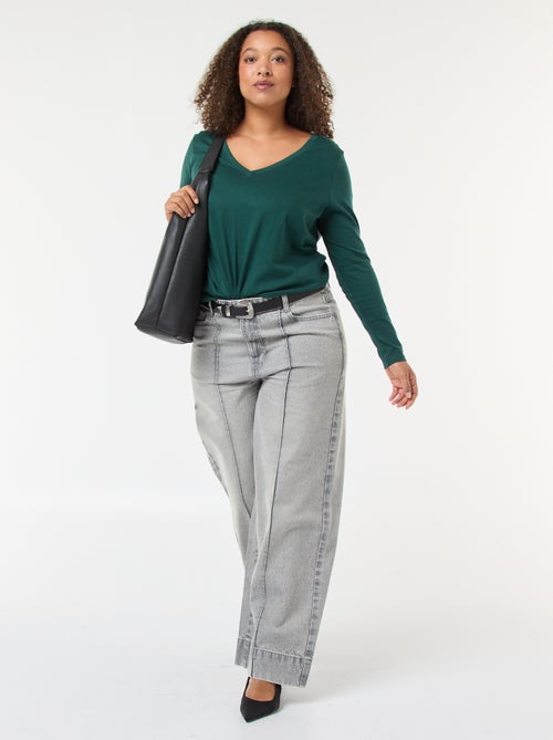 T-shirt van jerseytricot met V-hals en lange mouwen - Kiabi