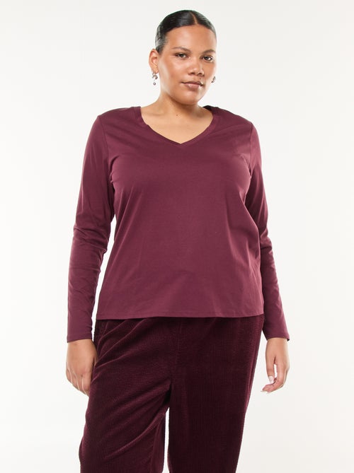 T-shirt van jerseytricot met V-hals en lange mouwen - Kiabi