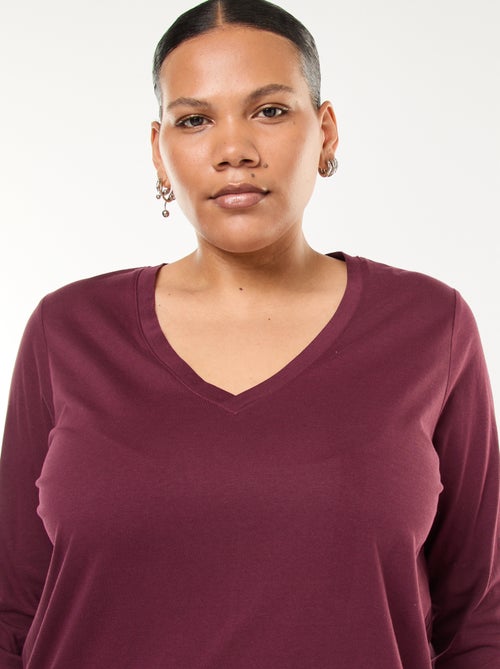 T-shirt van jerseytricot met V-hals en lange mouwen - Kiabi