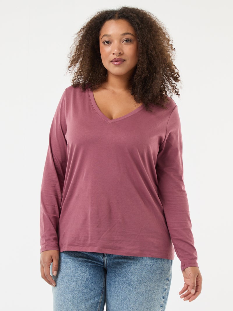 T-shirt van jerseytricot met V-hals en lange mouwen Rose - Kiabi