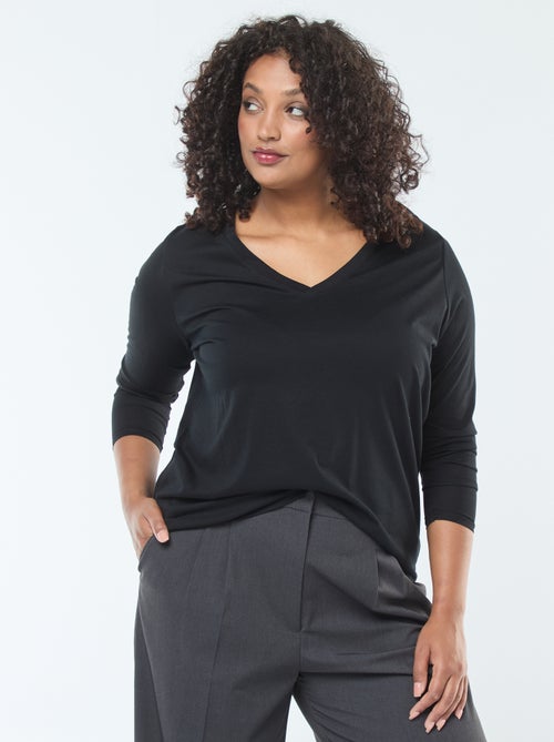 T-shirt van jerseytricot met V-hals en lange mouwen - Kiabi