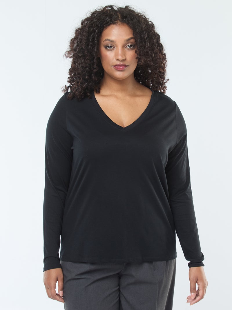 T-shirt van jerseytricot met V-hals en lange mouwen zwart - Kiabi
