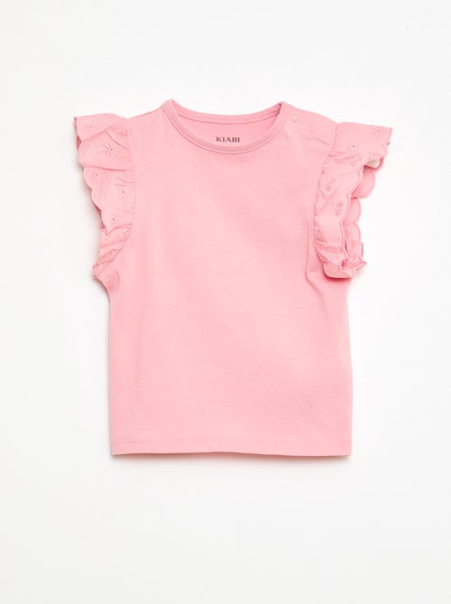 T-shirt van katoenen jerseytricot met korte mouwen van broderie anglaise - Kiabi