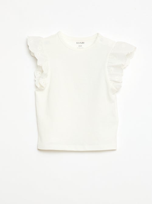 T-shirt van katoenen jerseytricot met korte mouwen van broderie anglaise - Kiabi