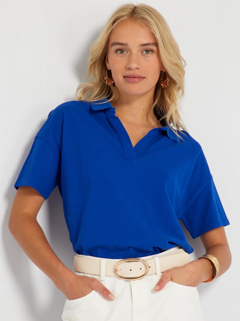 T-shirt van katoenpiqué in polostijl BLAUW - Kiabi