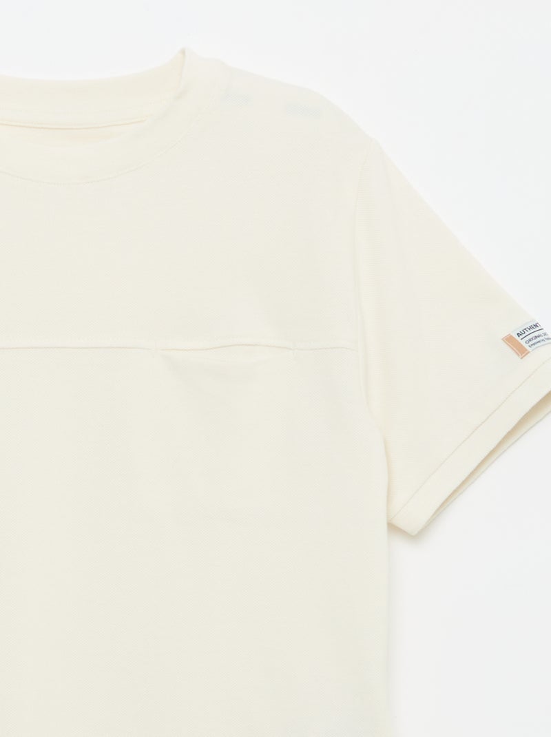 T-shirt van katoenpiqué met korte mouwen Ecru - Kiabi