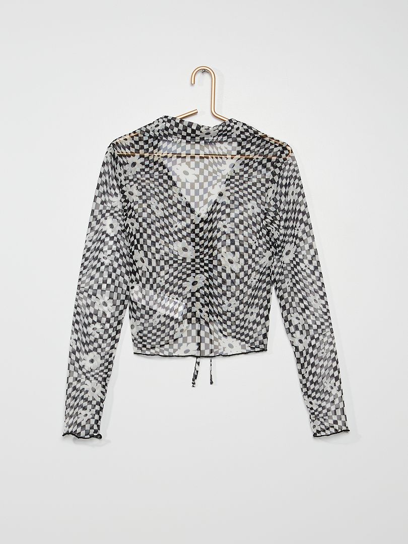 T-shirt van nettricot met dambordpatroon ZWART - Kiabi