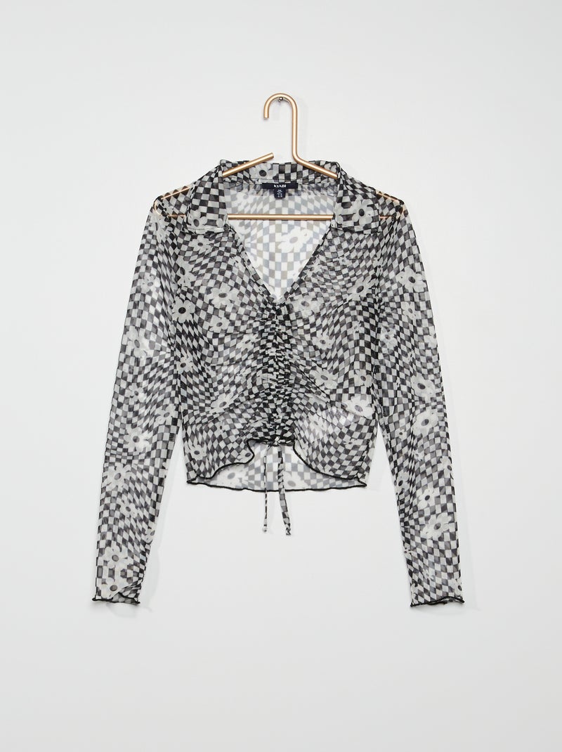 T-shirt van nettricot met dambordpatroon ZWART - Kiabi